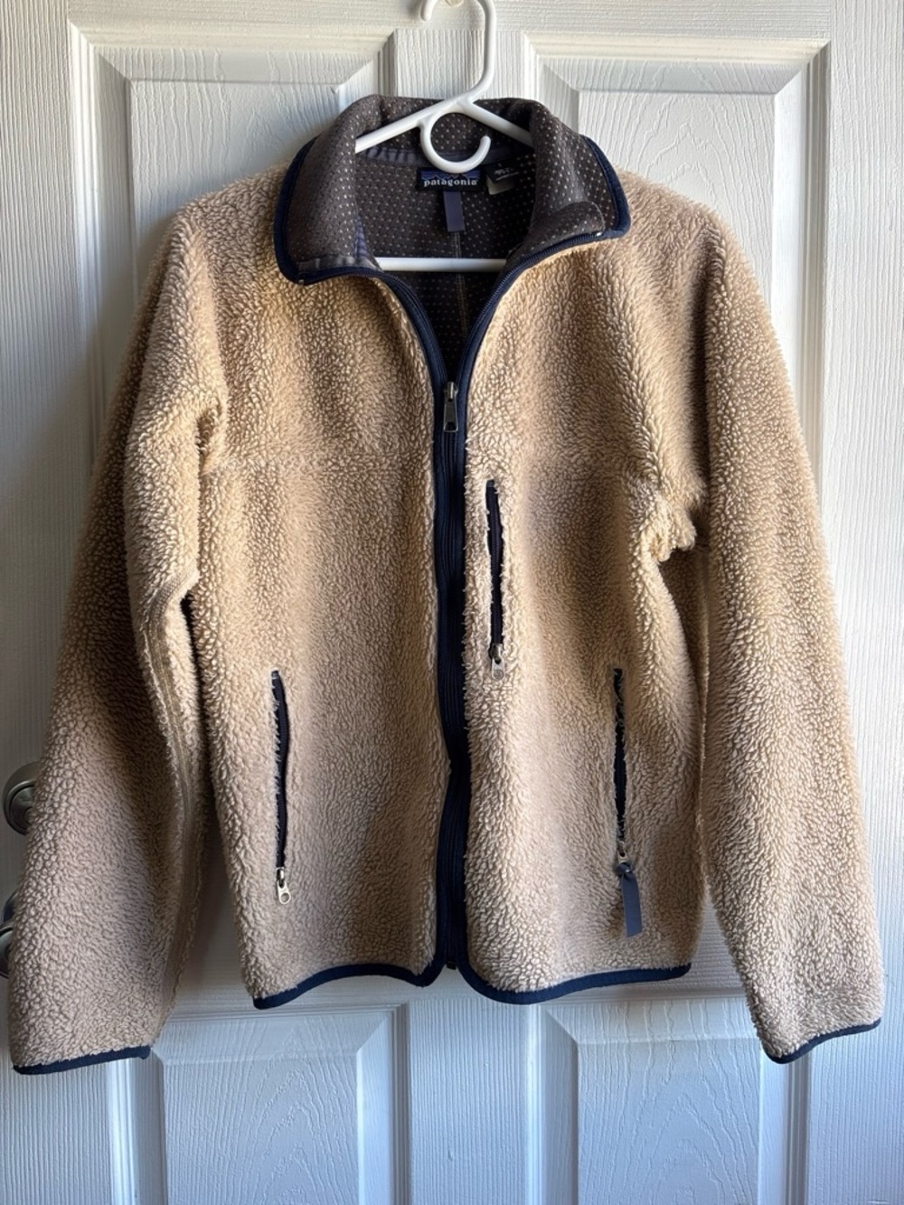 🗻Patagonia Men's Fleece Jacket S Beige/Blue Full Zip Stand-Up Collar Vintage